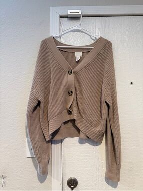 H&M Taupe Ribbed V‑Neck Button Cardigan